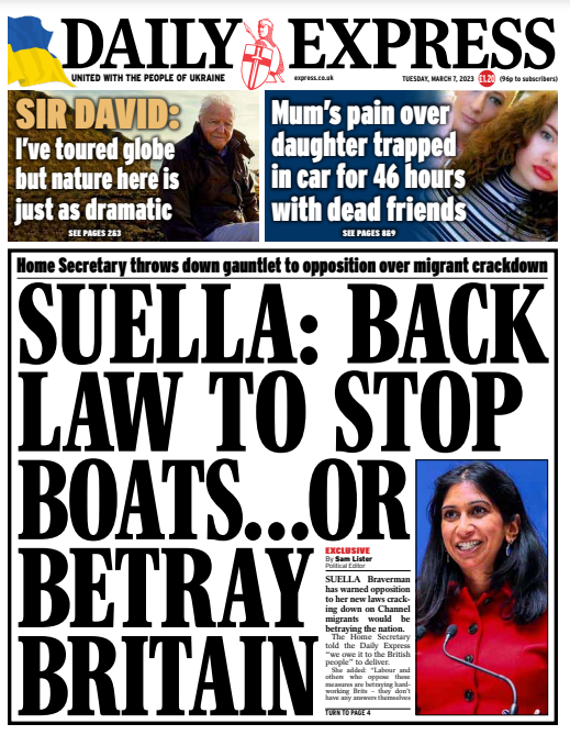 BBCNews's tweet photo. Tuesday's Express: "Suella: Back law to stop boats... or betray Britain" #BBCPapers #TomorrowsPapersToday https://t.co/OLBXTshPxk https://t.co/k52uS4o76v