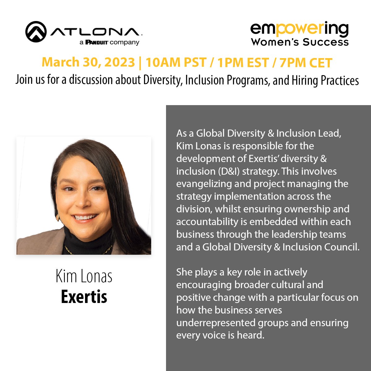 Atlona's tweet photo. On March 30, 2023, join us for Atlona's upcoming "Empowering Women's Success" webinar. This month's topic is diversity, inclusion, and hiring practices,  aimed at promoting awareness and maximizing the potential of all AV professionals. 

Register here: https://t.co/1j4GRQdHBK https://t.co/szcNZoHy65
