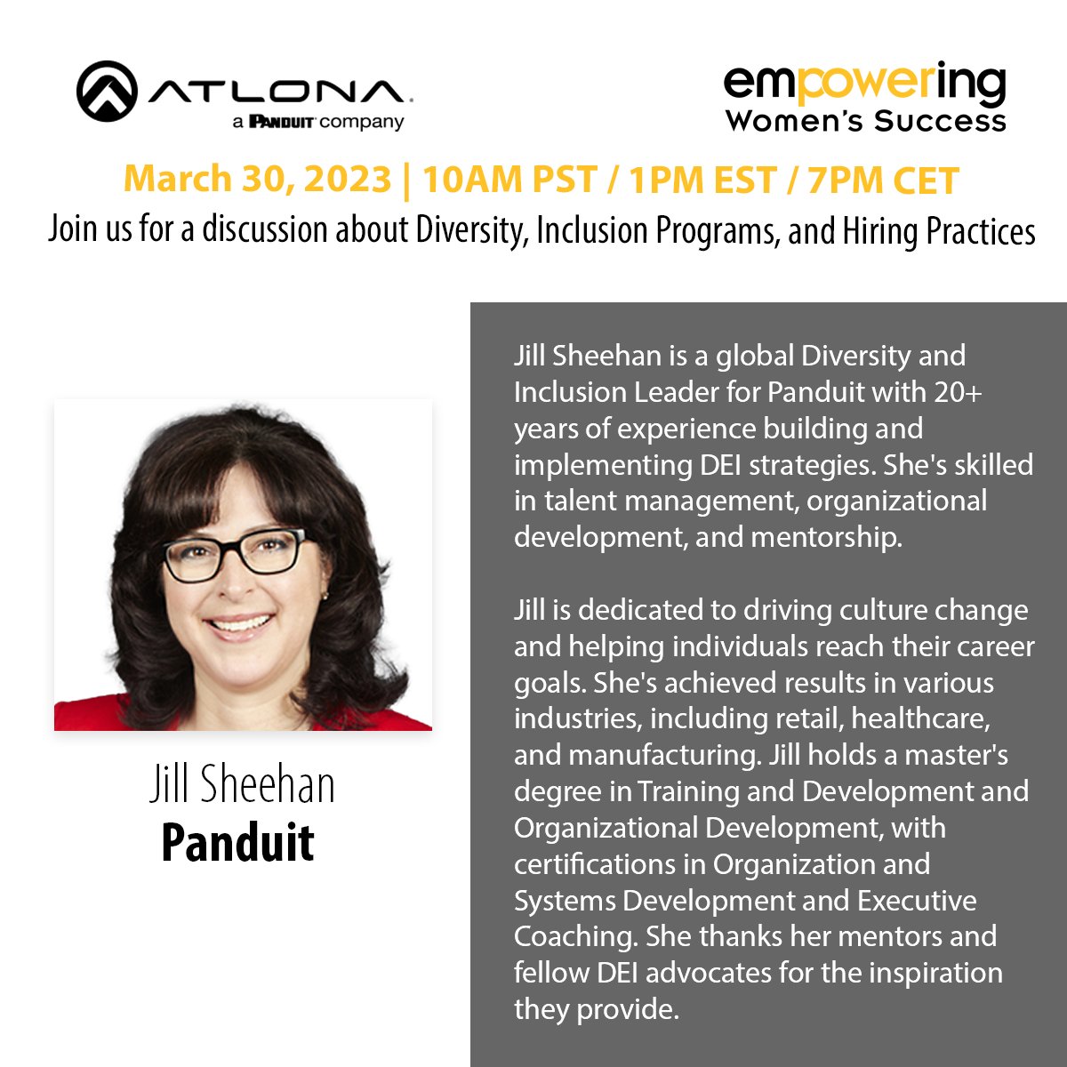 Atlona's tweet photo. On March 30, 2023, join us for Atlona's upcoming "Empowering Women's Success" webinar. This month's topic is diversity, inclusion, and hiring practices,  aimed at promoting awareness and maximizing the potential of all AV professionals. 

Register here: https://t.co/1j4GRQdHBK https://t.co/szcNZoHy65