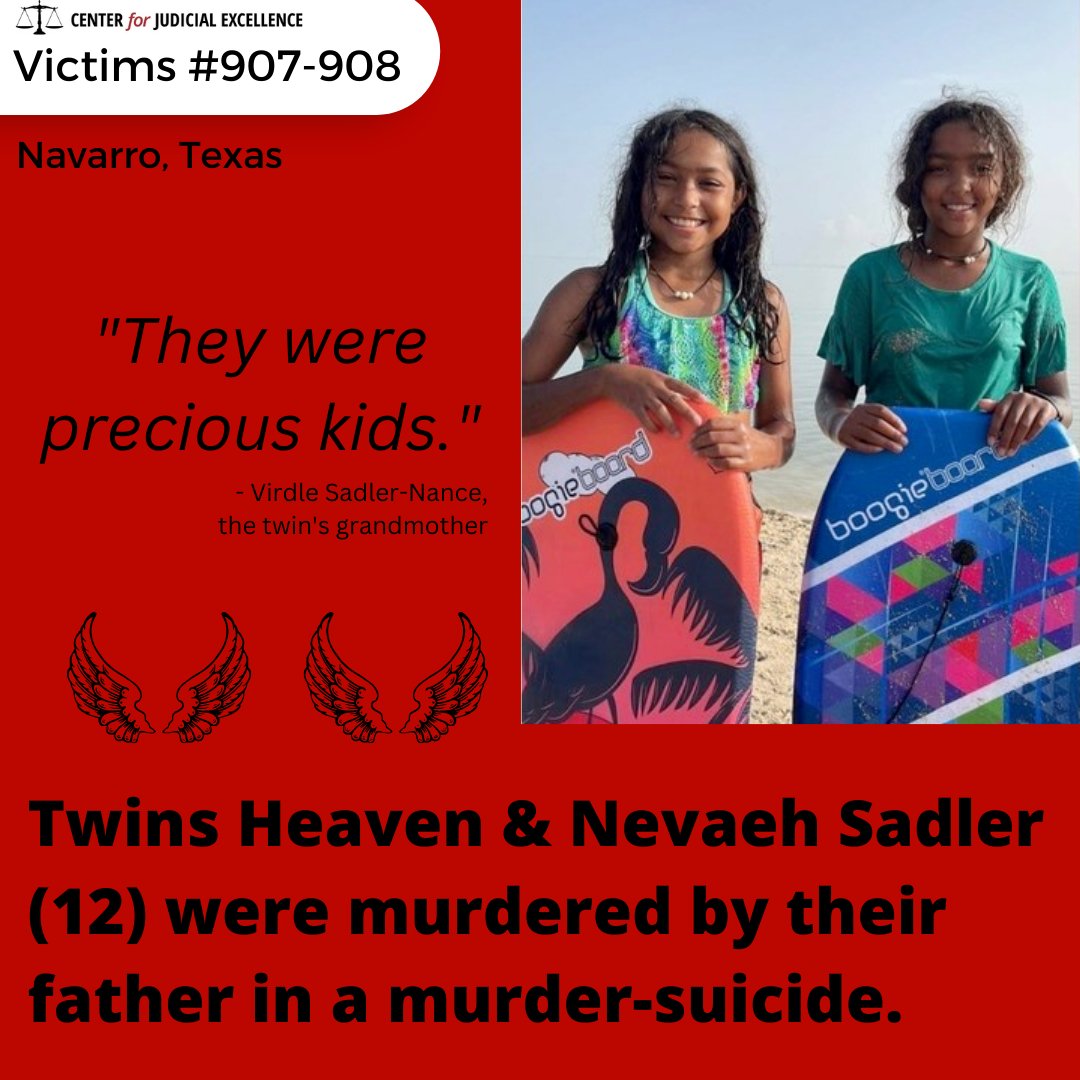 JudicialCenter's tweet image. We are heartbroken to hear of the murders of Heaven and Nevaeh Sadler (12) who were shot to death by their father in February. The girls had been living with their father and stepmother when the adults got into a fight and the stepmother left. When she returned hours later...