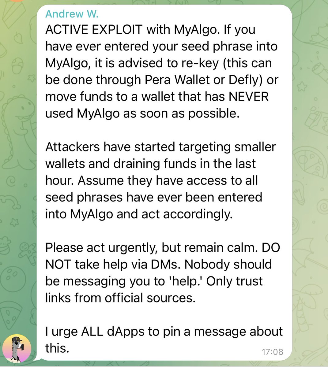 Active exploit affecting one of the $algo wallets <a href="/myalgo_/">MyAlgo</a>. ⚠️ ⛔️ 🚨 <a href="/Algorand/">Algorand Technologies</a>