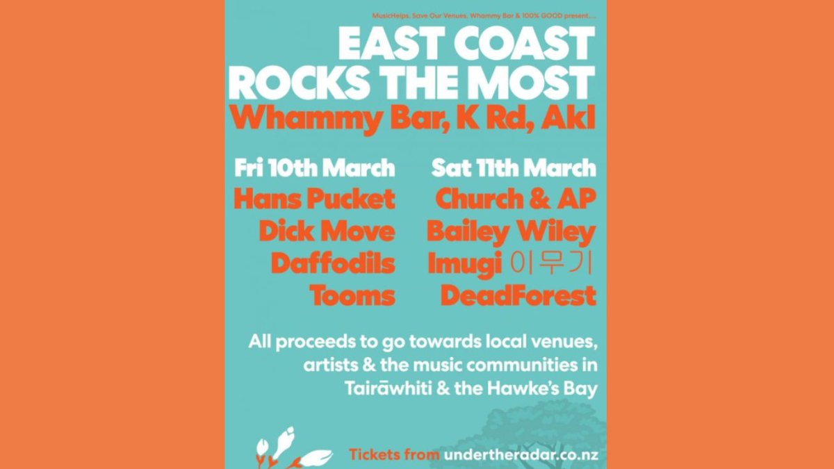 East Coast Rocks The Most fundraiser at Whammy Bar March 10 & 11: With Tooms, Dick Move, Hans Pucket & Daffodils (Fri) / Church & AP, Bailey Wiley, Imugi 이무기 & DeadForest (Sat) All proceeds go to cyclone-hit East Coast music venues and @MusicHelpsNZ undertheradar.co.nz/news/20417/Eas…