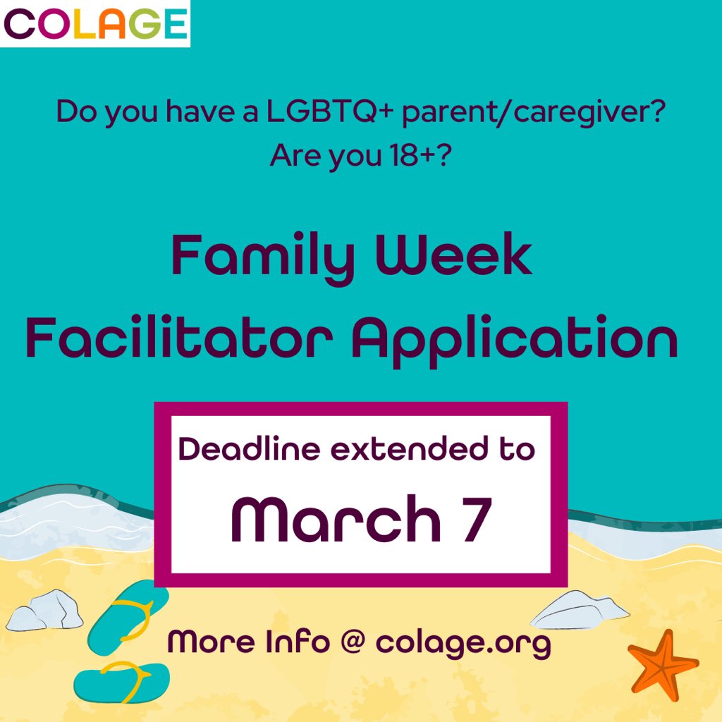 COLAGE (@colagenational) on Twitter photo The Family Week 2023 Facilitator application deadline was extended to TOMORROW 3/7! Housing and food is included all week. Please let your COLAGEr friends know, they just have to be 18 or older! forms.gle/mvLcorh9HQrKCB… The Family Week 2023 Facilitator application deadline was extended to TOMORROW 3/7! Housing and food is included all week. Please let your COLAGEr friends know, they just have to be 18 or older! forms.gle/mvLcorh9HQrKCB…