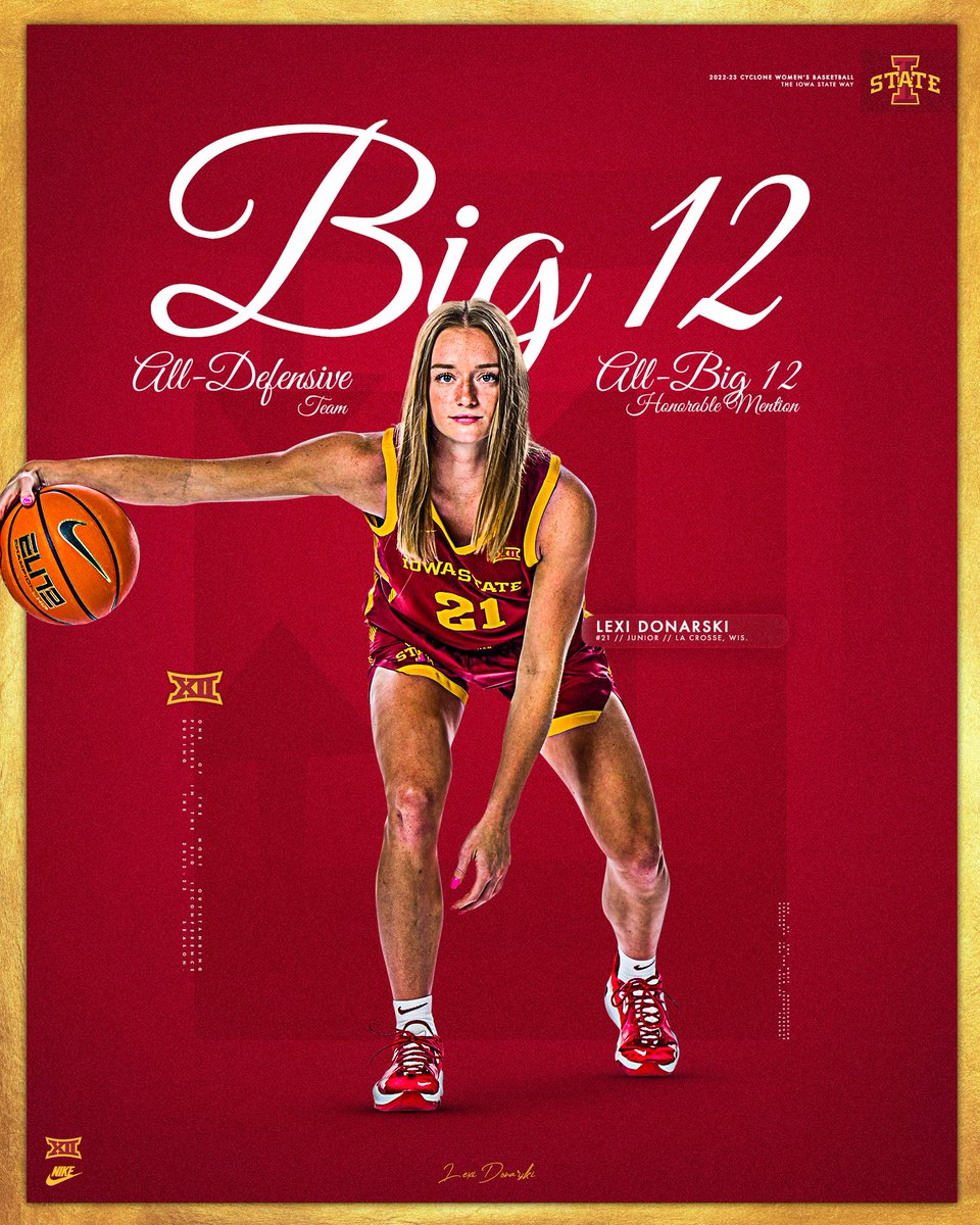 𝐋𝐨𝐜𝐤𝐝𝐨𝐰𝐧 𝐋𝐞𝐱𝐢 🔒🔒 Lexi Donarski is the first player in ISU history to earn Big 12 All-Defensive Team two times! ✌ 📰 | bit.ly/3ZvR8on 🌪🏀🌪