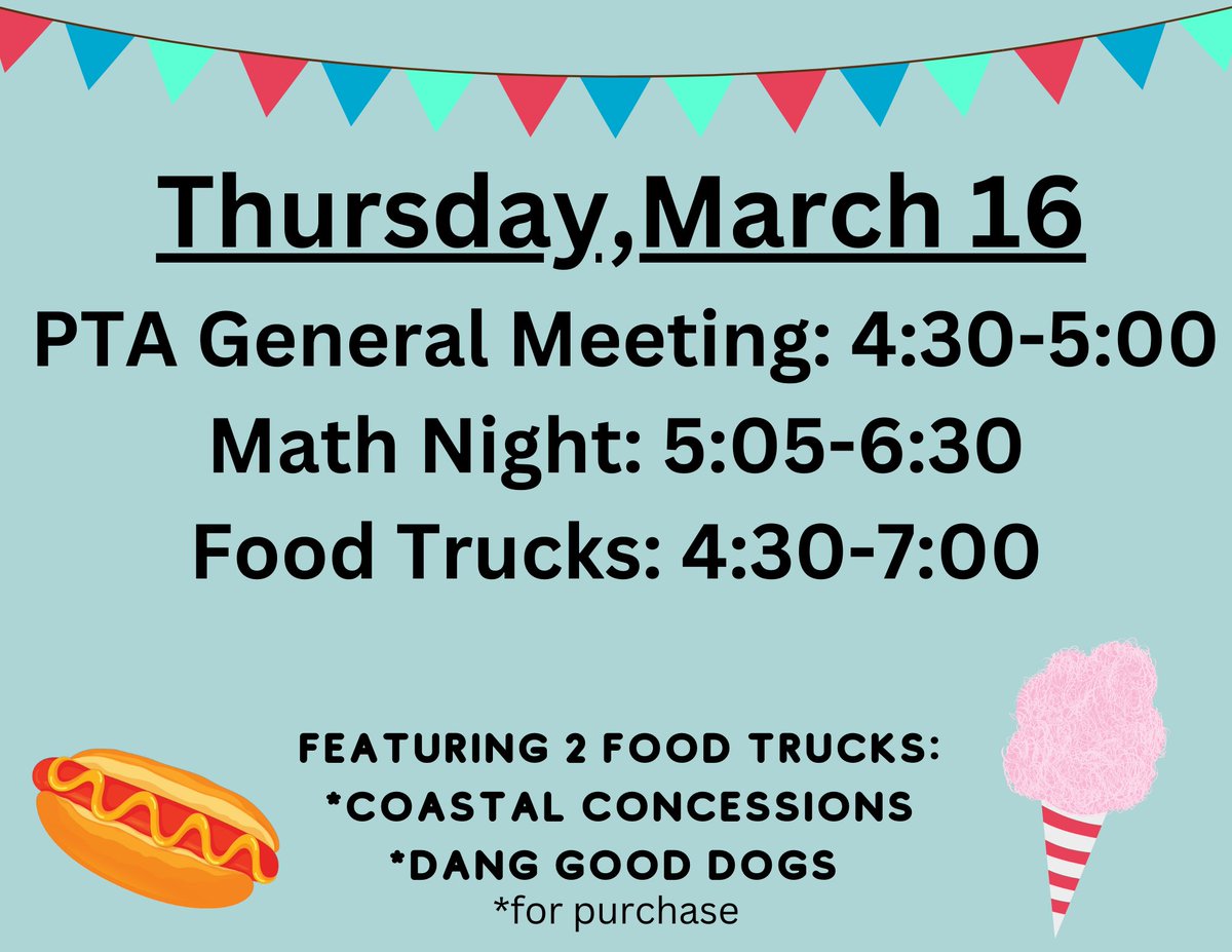 PTA General gathering, Math night games, Student performances and Food trucks! We look forward to seeing you, so mark your calendars... Fun starts at 4:30pm, Thursday, March 16th.