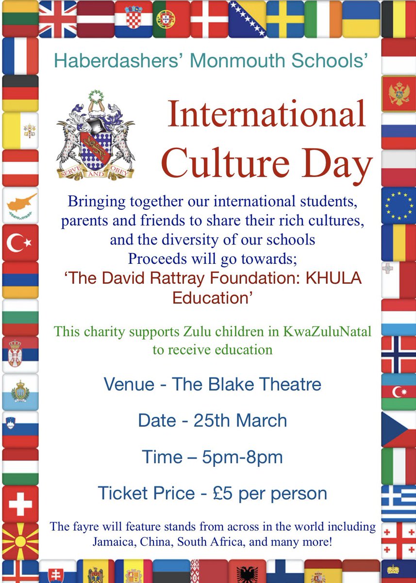 Haberdashers’ Monmouth Schools’ International Culture Day is taking place at The Blake Theatre on Saturday 25th March from 5pm to 8pm and will raise funds for the David Rattray Foundation. The fayre will feature stands from Jamaica, China, South Africa and many more countries.