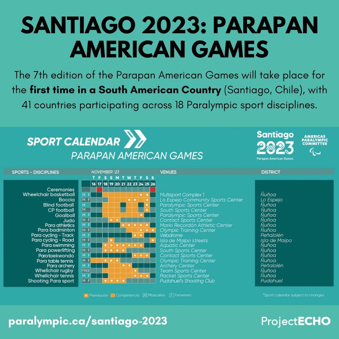 projectecho2020's tweet image. Check out the sports calendar for the #Santiago2023 #ParapanAmericanGames from November 17-26. What are you looking forward to? Let us know at theechoproject.org.

Find out more information at paralympic.ca/santiago-2023.