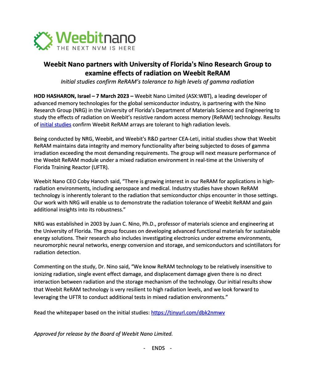 Tze_C's tweet image. $WBT - Aerospace and Medical applications open as well with radiation tolerance #reram

Don&apos;t see this in announcements though