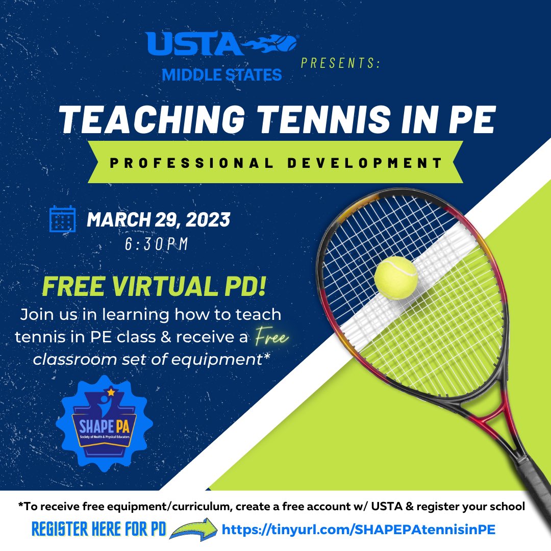 SHAPE PA (@shape_pa) on Twitter photo 🚨 MARCH PROFESSIONAL DEVELOPMENT OPPORTUNITY🚨
SHAPE PA & <a href="/USTAMS_Tennis/">USTA Middle States</a> are excited to co-sponsor "Teaching Tennis in PE"
Save the date & register ASAP for this virtual PD: tinyurl.com/SHAPEPAtennisi…
Do not miss this great opportunity for learning & free equipment! 🚨 MARCH PROFESSIONAL DEVELOPMENT OPPORTUNITY🚨
SHAPE PA & <a href="/USTAMS_Tennis/">USTA Middle States</a> are excited to co-sponsor "Teaching Tennis in PE"
Save the date & register ASAP for this virtual PD: tinyurl.com/SHAPEPAtennisi…
Do not miss this great opportunity for learning & free equipment!