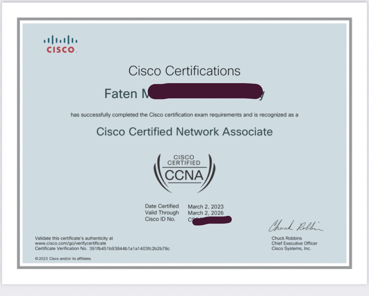 toonyAna's tweet photo. Finally I get my #CCNA Certificate after 3 months of preparing #cisco وتم بحمدالله أول الخطوات https://t.co/1u7kRKpnnT