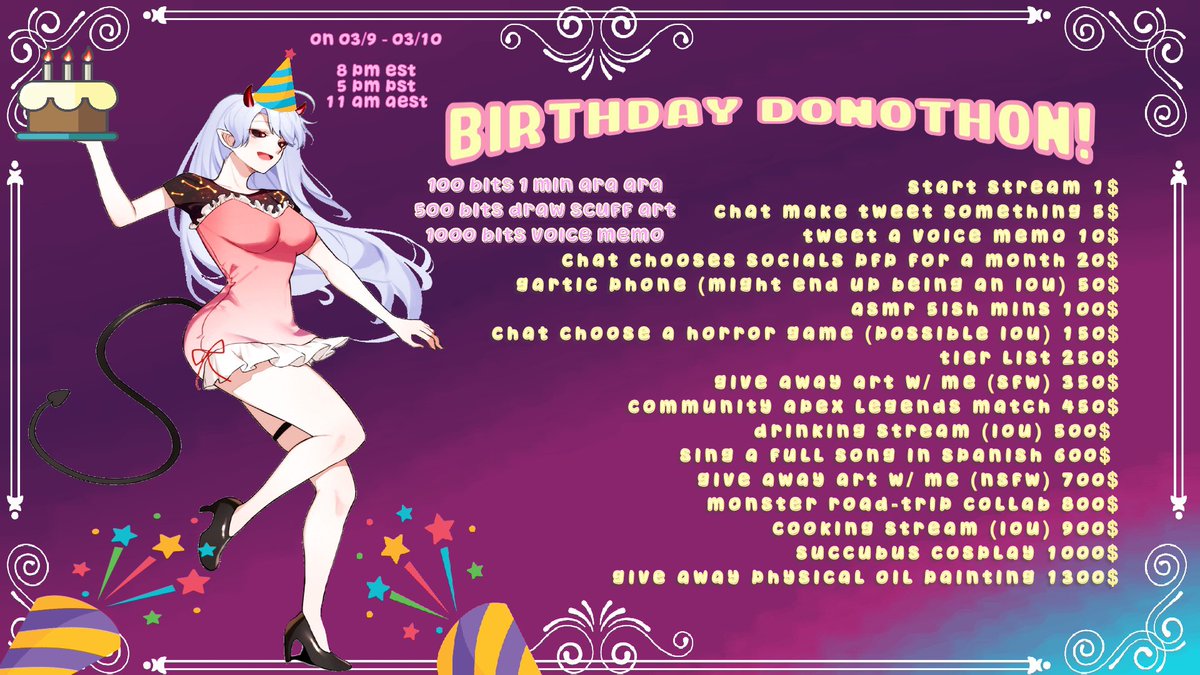 OfficialJolyPoP's tweet image. It’s a celebration!! 🎉, come join me on my donothon for my birthday 🎂 , we will be raising money for a brand new gaming laptop. Starts on March 9, 8 PM EST and will end on March 10, 8 AM EST; I’llsee you then! 🫶🏼🫶🏼🫶🏼 #VtubersEN #Birthday #March10th #vtuber