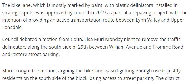 Mihai_Cirstea_'s tweet photo. As North Van debates removing a bike lane, a cyclist is killed by a driver on a "bike route."

Maybe when the choice is "give homeowners with massive garages a 5th free parking spot" vs "let people die," we should be adding protected lanes, not removing them. https://t.co/pteP5mqSdX