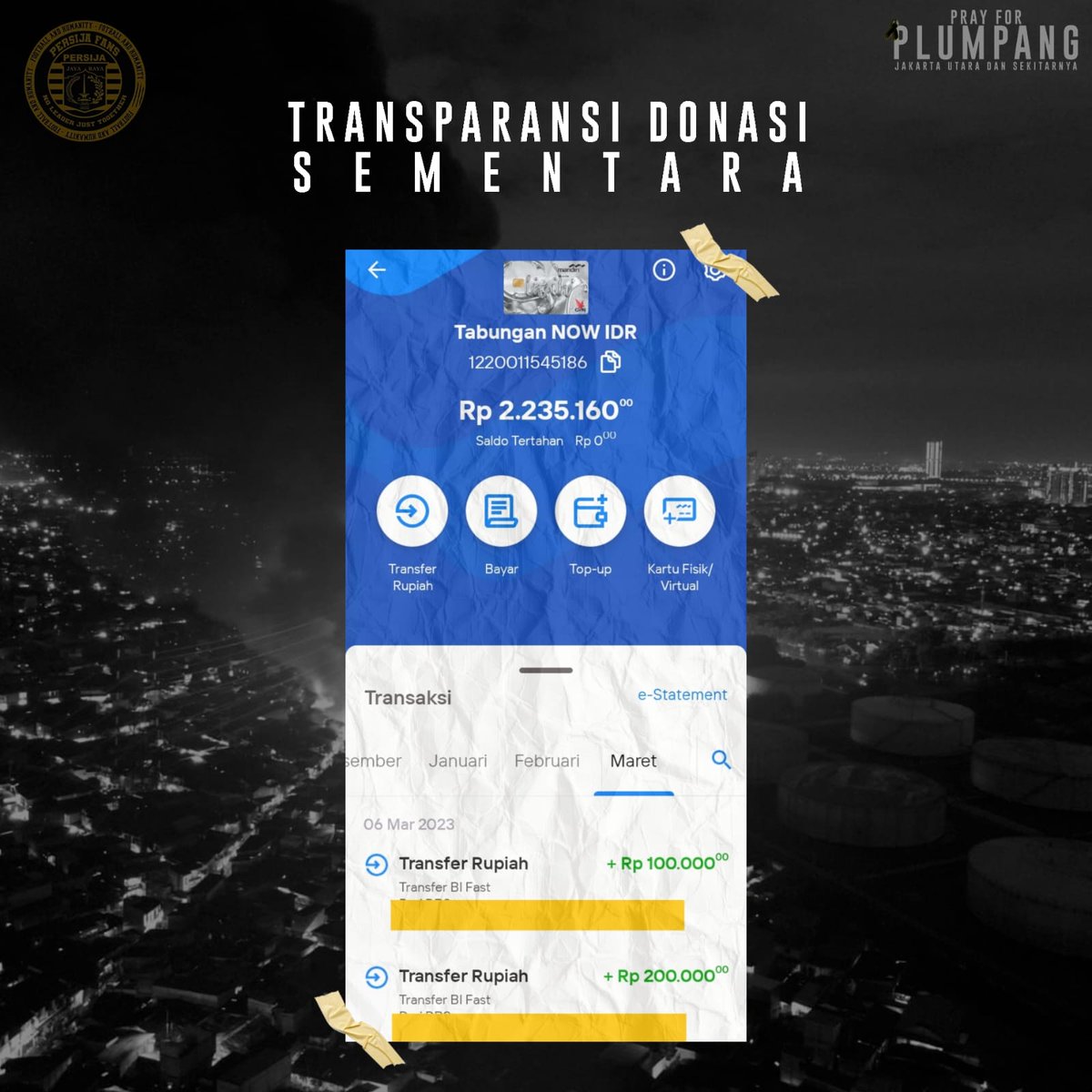 PF_PEDULI_'s tweet photo. Berikut adalah transparansi untuk membantu teman-teman korban kebakaran Plumpang, Jakarta Utara sampai pada 7 Maret 2023 pukul 11.37 WIB🙏
Donasi yang sudah terkumpul sejumlah Rp 2.230.000,-

#PrayForPlumpang
#FootballAndHumanity 🌻 https://t.co/lJwzmE3CKj