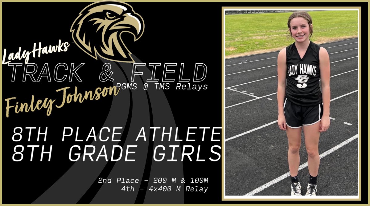 pgmsladyhawks's tweet photo. Finley Johnson finished 8th out of all the 8th grade girls at the TMS Track Meet with 18 points!

2nd Place 🥈 100 M dash
2nd Place 🥈 200 M Dash
4th Place 4 x 400 M Relay https://t.co/zR496cEHg2