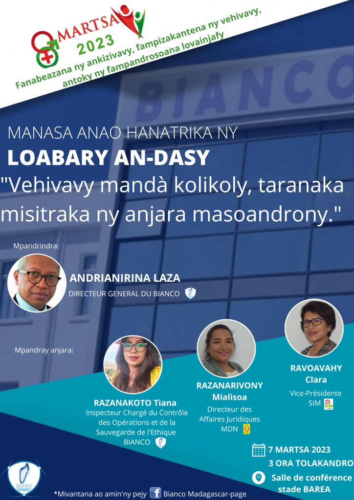 corruptionmada's tweet photo. Fankalazana ny andron’ny vehivavy: 7 martsa 2023: Loabary an-dasy mitondra ny lohahevitra hoe « Vehivavy mandà kolikoly, taranaka misitraka ny anjara masoandrony. » https://t.co/poJYIuOLuJ https://t.co/KIvn2jHcqY