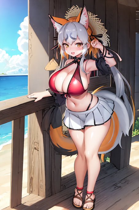 AI描きプログラムで最後にシマハイイロギツネの水着姿を作ってみました。三番目にアップしたけもV服装に水着だけ着替えたような姿です🦊💦

#けものフレンズ
#stablediffusion 
#AIイラスト #AIart 