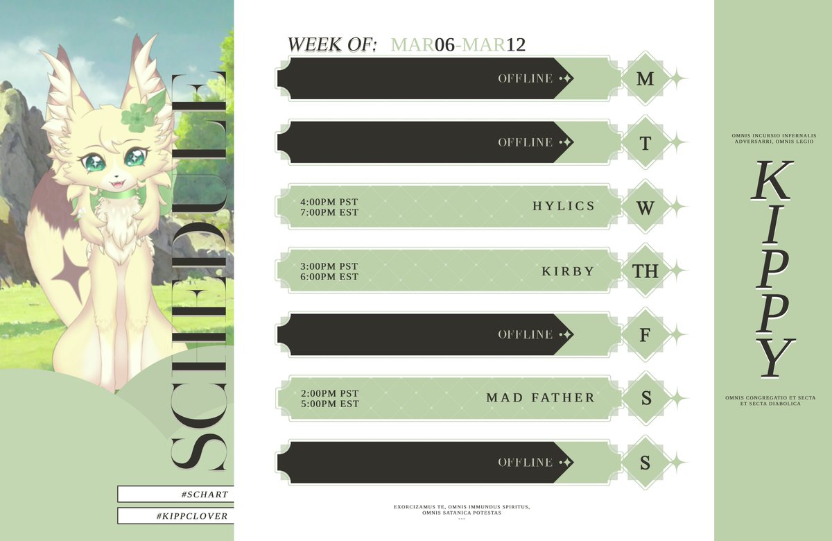 KippClover's tweet photo. Schedule for the week of March 6th - March 12th !
I'm sure I'll be feeling better by Wednesday!
📺https://t.co/4gQK1td5u4
📼https://t.co/4sq9J5rkpH
💰 https://t.co/SVBDzYoPqs
🃏 https://t.co/QkTJccr5gP
🎨 #Schart https://t.co/jq30pIKk0R