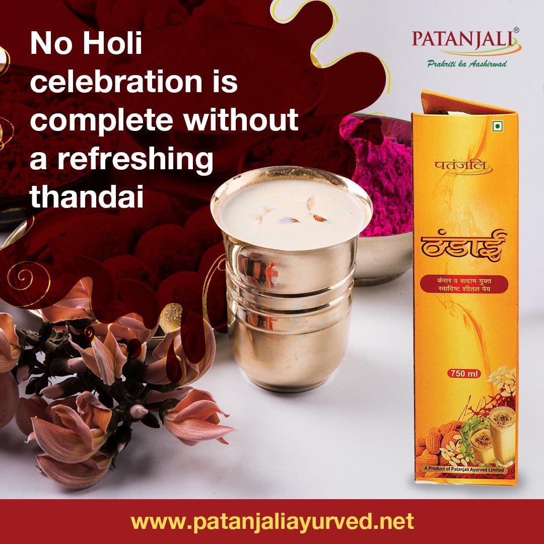PypAyurved's tweet photo. 'It’s that time of the year, when we all look forward to the festival of Holi. This also means it’s time for Thandai, enjoy this delicious drink with Patanjali Thandai powder. #Patanjali #ThandaiPowder #HappyHoliPatanjali #HappyHoli https://t.co/EVHLAvsKBZ