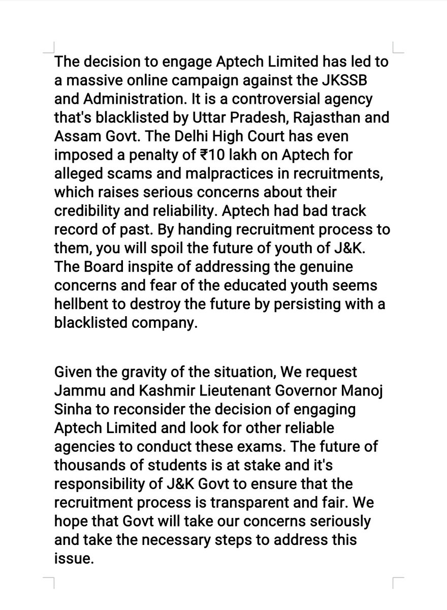JKSTUDENTSASSO's tweet photo. Aptech had bad track record of past. By handing recruitment process to them, J&amp;K Govt will spoil the future of youth of J&amp;K. We request @OfficeOfLG to reconsider the decision of engaging Aptech Limited &amp; look for other reliable agencies to conduct these exams. 1/n
#JKSSB #Aptech https://t.co/0oYumkPeZU