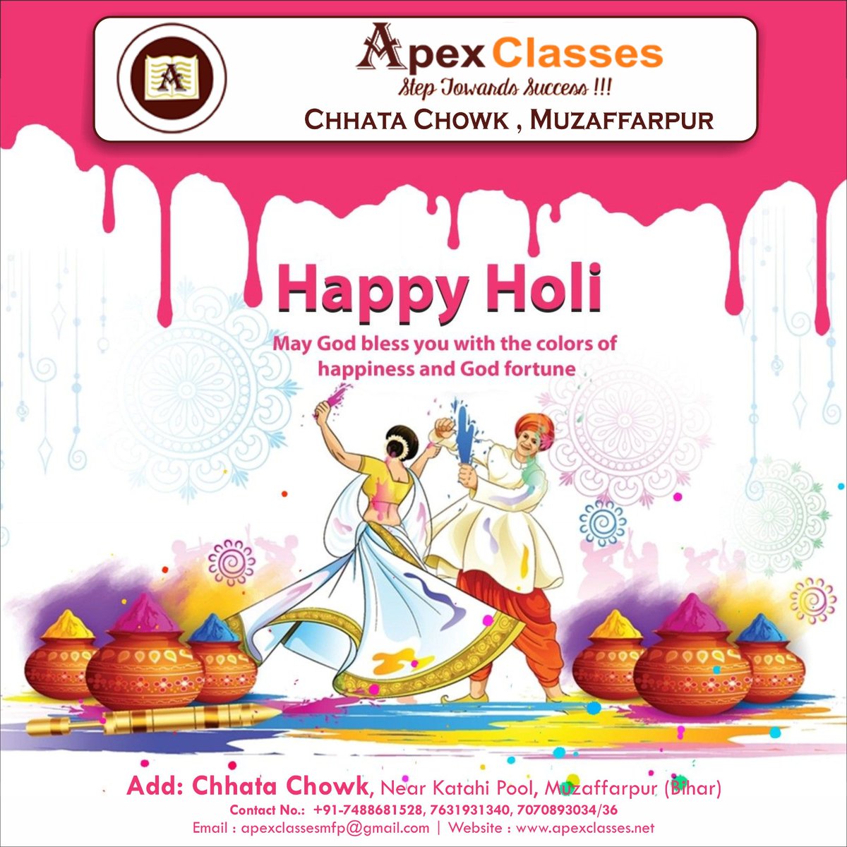 apexclassesmuz's tweet photo. Happy Holi

#happyholi2023 #holi2023 #IITJEE #iitjeepreparation #IITJEEcoaching #coaching #institute #educationalinstitute #neetpreparation #neetcoaching #neet2023 #medicalpreparation #foundationcourse #iitclasses #neetclasses #ApexClasses #bestinindia #bestinstitute #Muzaffarpur https://t.co/kUKJVDlpA5