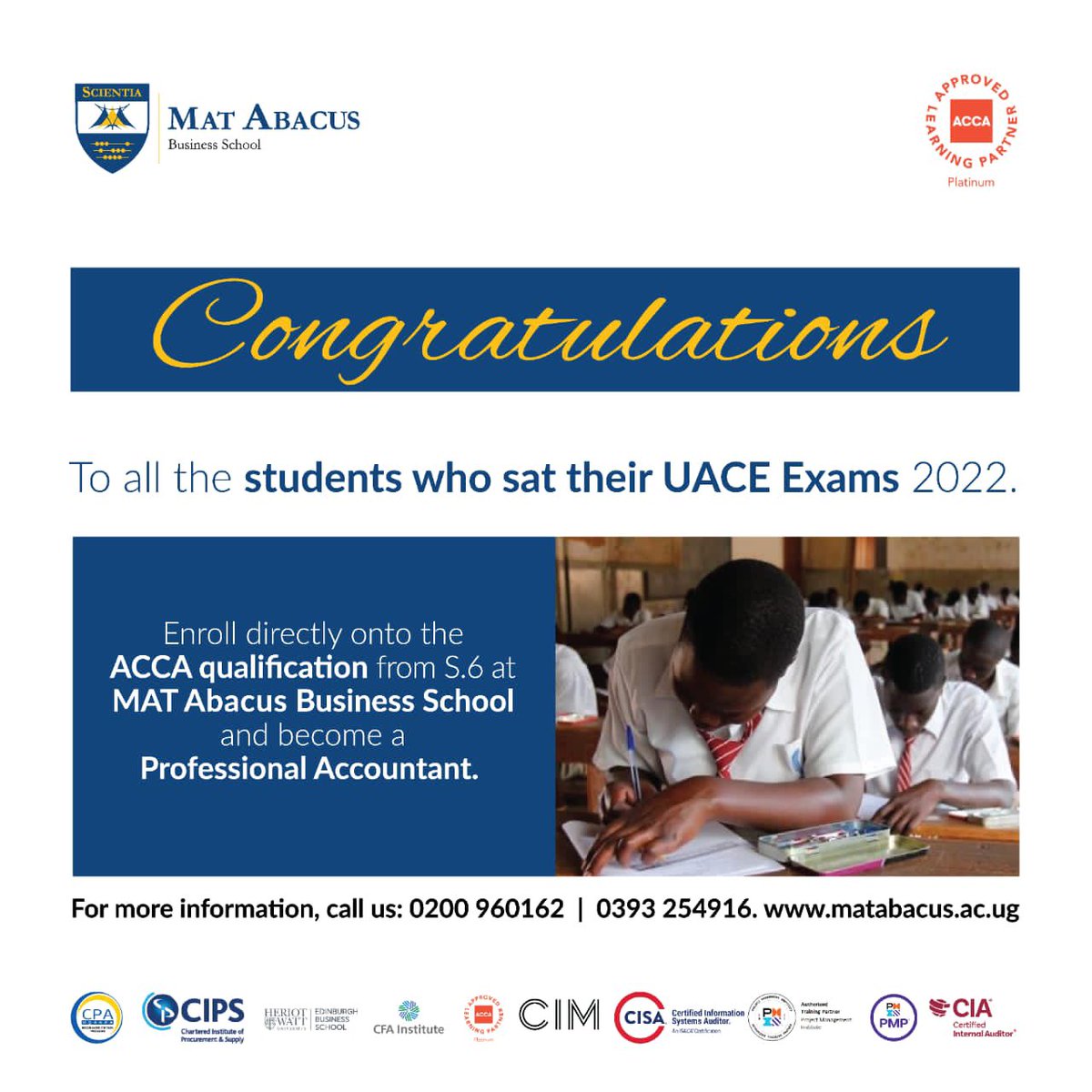 matabacusuganda's tweet photo. Congratulations to our 2022 S.6 candidates, you aced it! 

Please note; you can enroll in the ACCA qualification directly from S.6 and qualify to be a professional Accountant.

Call us now at 0200960616 / 0393254916 for more information.
#UACE2022 https://t.co/VB4OUZZY5A