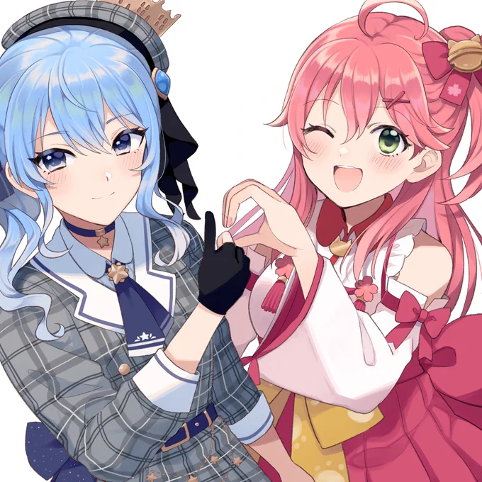 こちらskebにてリクエスト頂きました星街すいせいさんとさくらみこさんです!シチュなどご提案ありがとうございました!とても新鮮で楽しく描かせて頂きました。(こちらは背景無しver…!) 