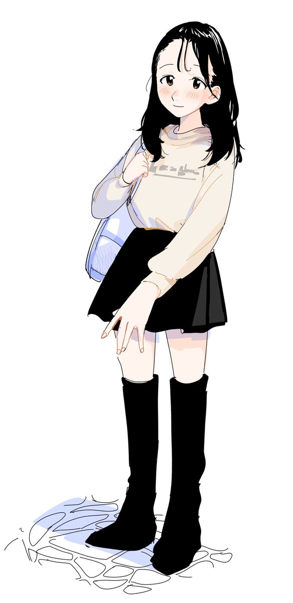 1girl solo black hair skirt black skirt bag white background  illustration images