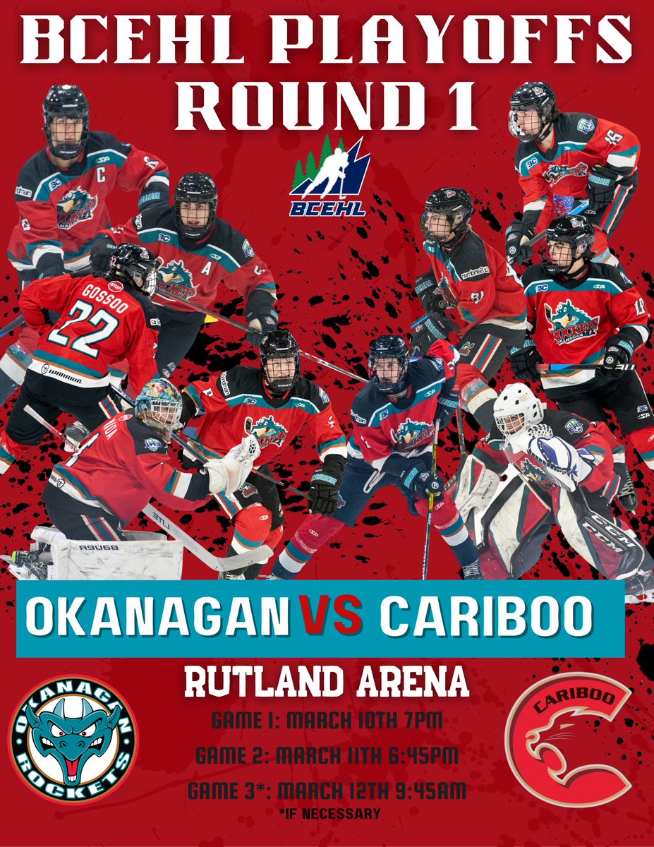 ITS PLAYOFF TIME 🚀

Your Rockets are headed into first round of playoffs THIS WEEKEND! We will be hosting the @cariboocougars for round 1 of the <a href="/BCEHL/">BC Elite Hockey League</a> playoffs. 

Head down to Rutland Arena to pack the rink and support your Rockets!

📸: <a href="/tamiquanphotos/">Tami Quan Photography</a>