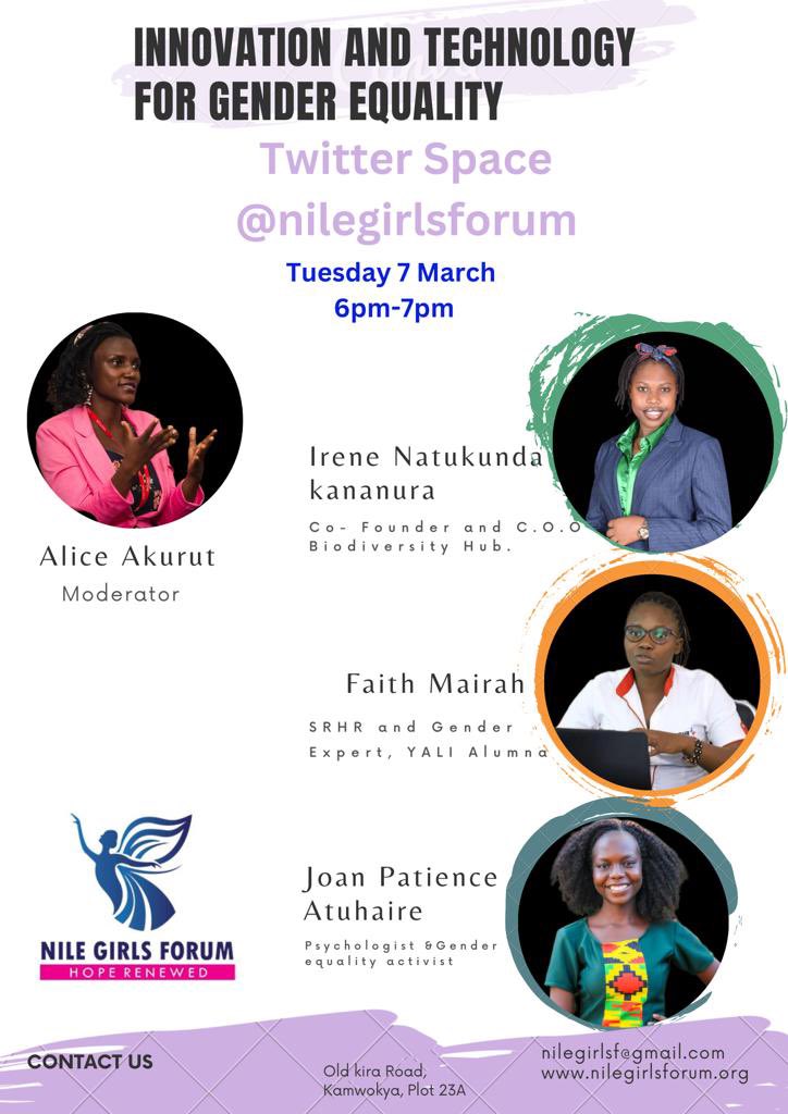 nilegirlsforum's tweet image. #CreativeFeministAdvocacyUG
Do join us for our twitter space in celebration of this years Women’s Day under the theme: Innovation and Technology for Gender Equality as we host @IreneKananura @Fmairah1 and @atuj256 moderated by our Program Officer under #PISCCA Project @AAkurut
