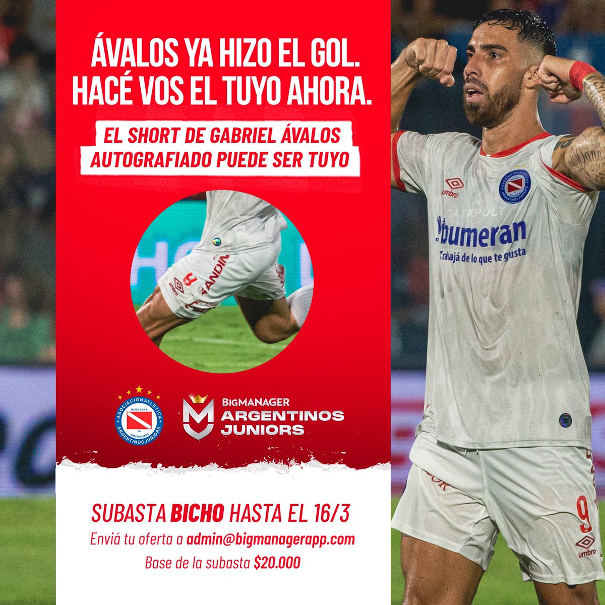 😍 EL SHORT DE GABRIEL ÁVALOS AUTOGRAFIADO PUEDE SER TUYO ❤️🇵🇾
Participá subastando y llevate el pantalón corto que usó el goleador en el partido vs Tigre.

¡Un hermoso recuerdo de un triunfazo inolvidable! 😎

👑 Descargate la APP, suscribite y convertite en Big Manager.