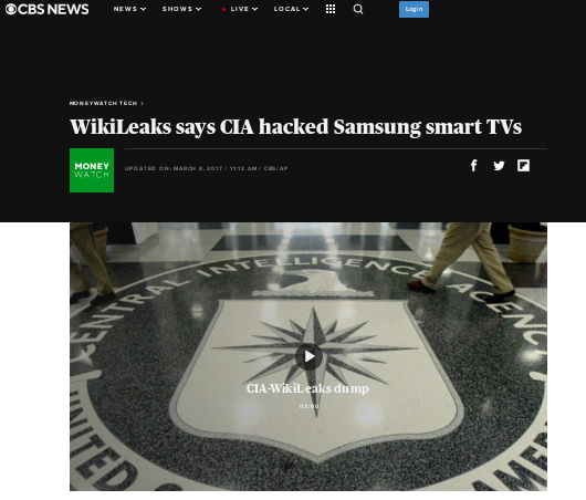 wikileaks's tweet photo. 'The CIA worked with U.K. intelligence officials to turn microphones in TVs into listening devices', as well as targeting 'control systems' used by cars and trucks #Vault7 #Assange @CBSNews 
Link: https://t.co/9Dq2DIpKlT https://t.co/6Bcp8NOEis