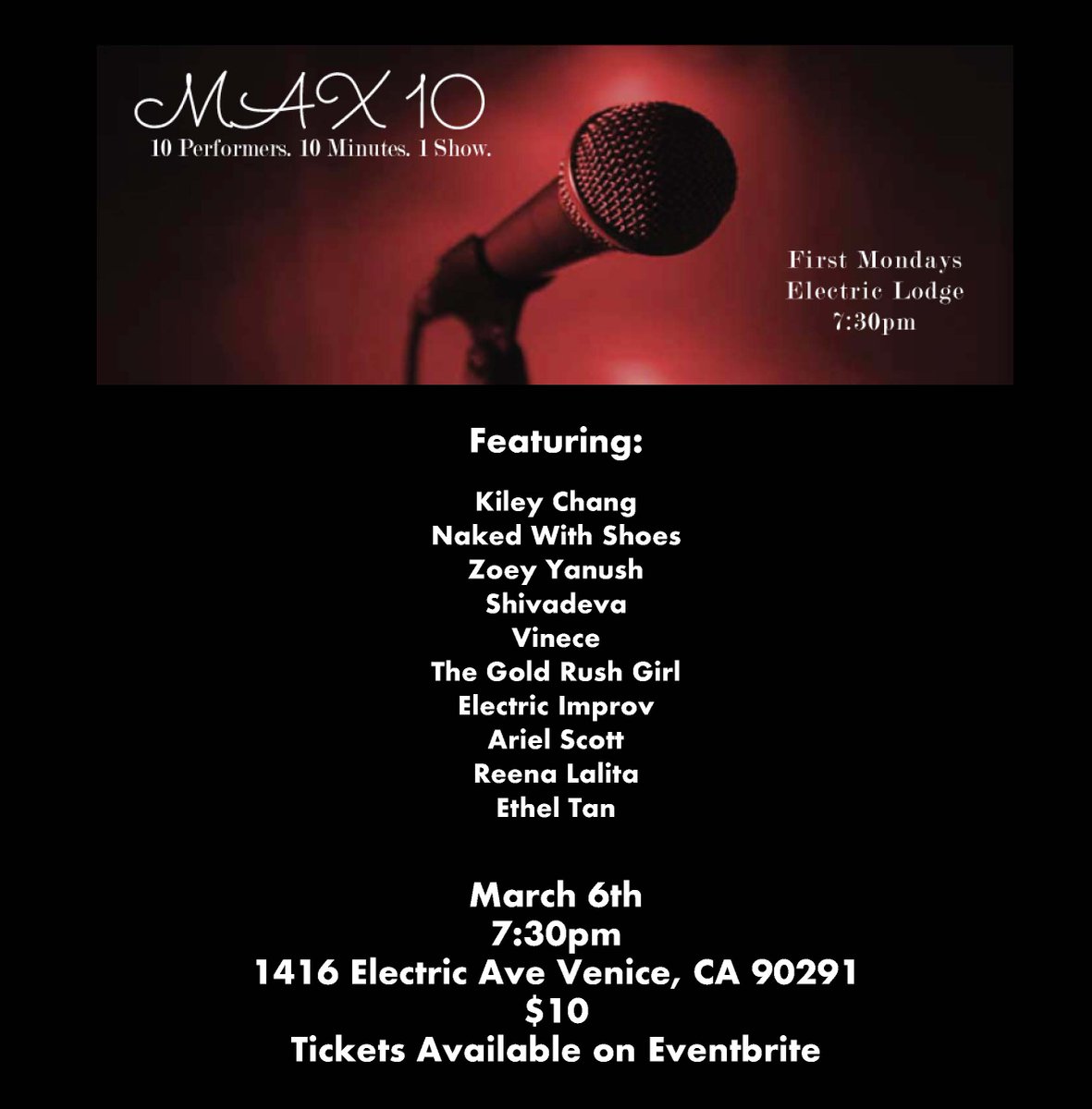 ElectricLodge's tweet photo. Join us for MAX10! 10 performers have 10 minutes to share their art! Tonight at Electric Lodge at 7:30pm!

https://t.co/Qa8HYr1PRY https://t.co/RAfO5crMqW
