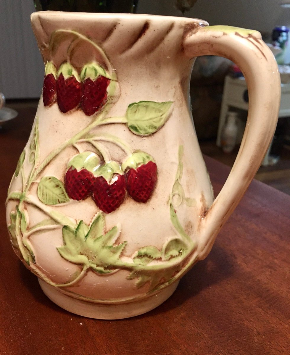 Majolica Strawberry Pitcher, Raised Strawberry Ceramic Pitcher, Vintage Decorative Pitcher, Red Interior tuppu.net/12637653 #vintage #AntiquesAtlanta #Etsy #VintageTableware