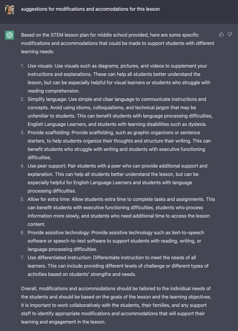 Do #ChatGPT lessons promote effective and equitable teaching and learning? Here is a middle school STEM lesson plan. Led to some great conversations with secondary math + science PSTs about being critical consumers of any teaching resources. #AcademicTwitter #STEMTeaching