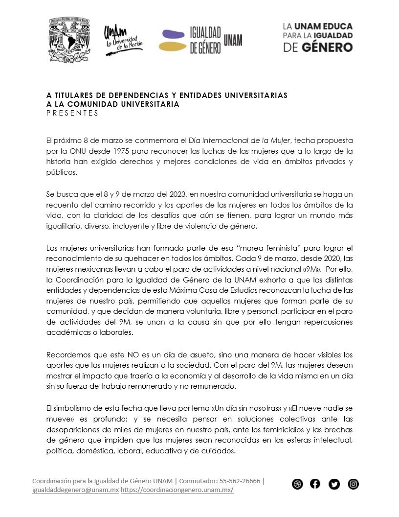 #RumboAl8M 

🎙️Dra. Paulina Uribe Morfín, Jefa de Unidad de Comisiones Internas para la Igualdad de Género

🎙️Lic. Arantza Alvarado, Colaboradora de la Dirección de Educación para la Igualdad de la Coordinación para la Igualdad de Género de la <a href="/UNAM_MX/">UNAM</a>