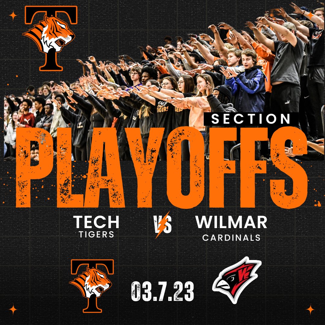 TechTigerBB's tweet photo. The Tech Tigers boys🏀squad takes on Wilmar at Tech High School tomorrow at 7:15pm in the first round of section playoffs‼️
The Tigers are the 2nd seed in Section 8AAA. Come out & support the Tigers in full force as we make a push in playoffs.
#TigerRide #UnleashTheTigers https://t.co/8LmqZHqreg