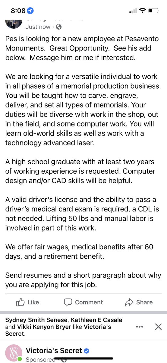 sandypes's tweet photo. Pes is looking for a new employee at Pesavento Monuments!  Message me if interested! https://t.co/IgiY2As3Vi