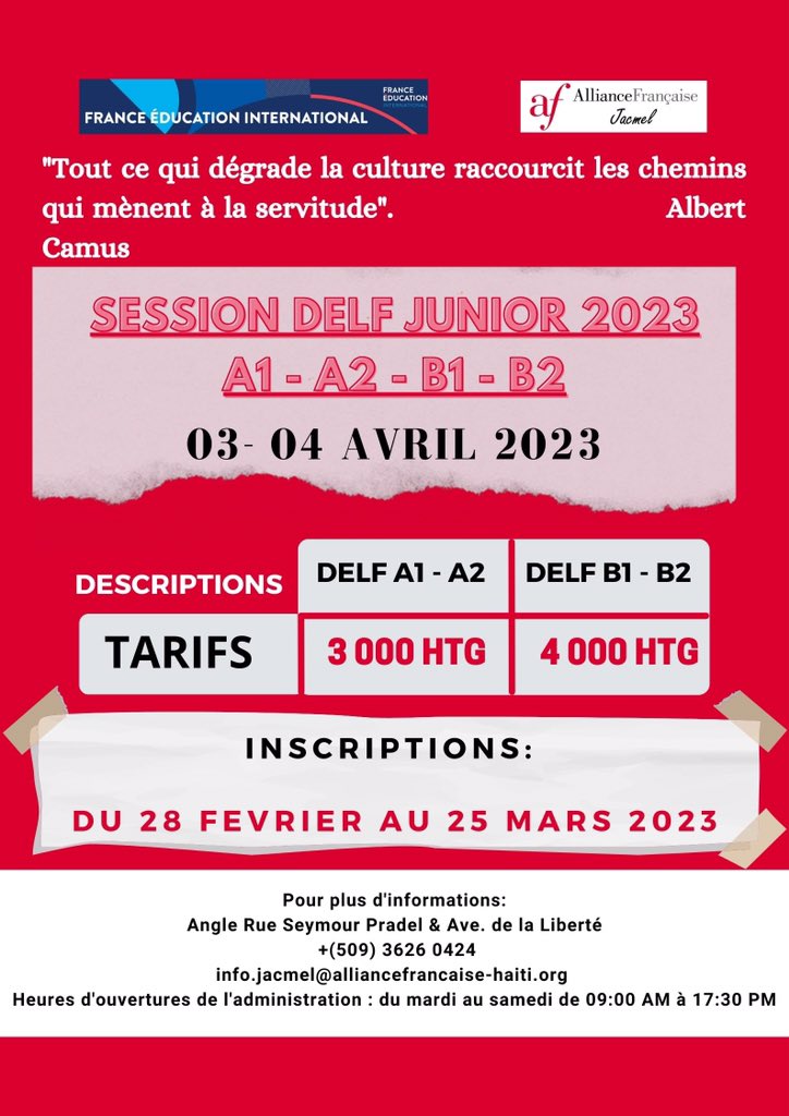 AfJacmel's tweet photo. Session d'examen #DELFJUNIOR | 03 au 04 avril 2023 | Niveaux : A1-A2-B1-B2
Inscriptions en cours ... https://t.co/ej2dji3KoR
