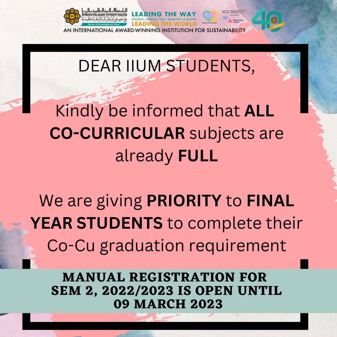 [Happy Tuesday!]

Attention to all student!! Please take note 😊

Don't forget to follow us and turn on your notification for fast and reliable update from us.
Twitter; x.com/ccciium
Instagram; instagram.com/ccciium/
Facebook page; Centre of Credited Cocu IIUM