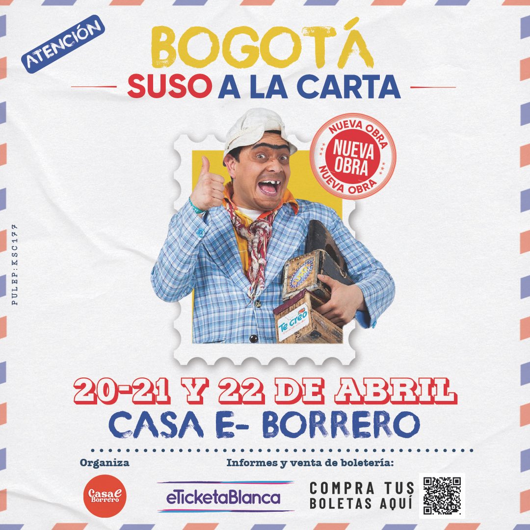 casaeborrero's tweet photo. 🚨ATENCIÓN🚨 
Próximamente en @casaeborrero uno de los personajes más queridos de la cultura popular Colombiana @susoelpaspi 🤩 Nos acompañará el 20, 21, 22 de abril con su obra #SusoALaCarta ! 
Con el querido Suso las risas nunca paran ! 🤣😅 https://t.co/WnjUK334sR