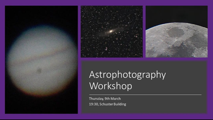 UoMAstroSoc's tweet photo. This coming Thursday we'll be doing an Astrophotography Workshop!
We will teach you the skills you need to know for taking better pictures, with and without a telescope!
As usual stargazing and boardgames will still be on.
Looking forward to seeing you there! 😊🚀 https://t.co/1VkYjR4MYr