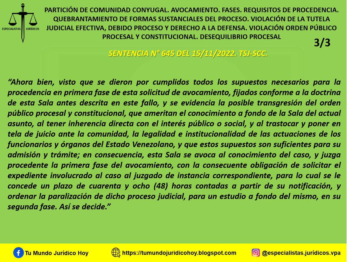 Furiamax's tweet photo. Sentencia N° 645 del 15/11/2022. TSJ-SCC. Partición de Comunidad Conyugal. Avocamiento. Fases. Requisitos de Procedencia. Quebrantamiento de Formas Sustanciales del Proceso. Violación de La Tutela Judicial Efectiva, Debido Proceso y Derecho a La Defensa. https://t.co/inmfNcX9ry