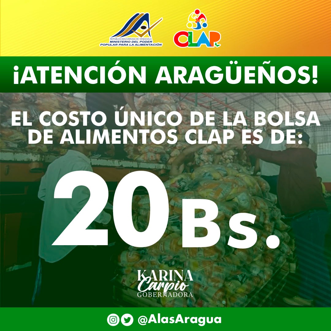 #6marzo
𝘼𝙏𝙀𝙉𝘾𝙄Ó𝙉 📢📢

 Información importante sobre el costo de la bolsa de alimentos Clap en todo el estado #Aragua. 
 
@NicolasMaduro 
@Soykarinacarpio 
@MinAlimenVen 
@LealTelleria