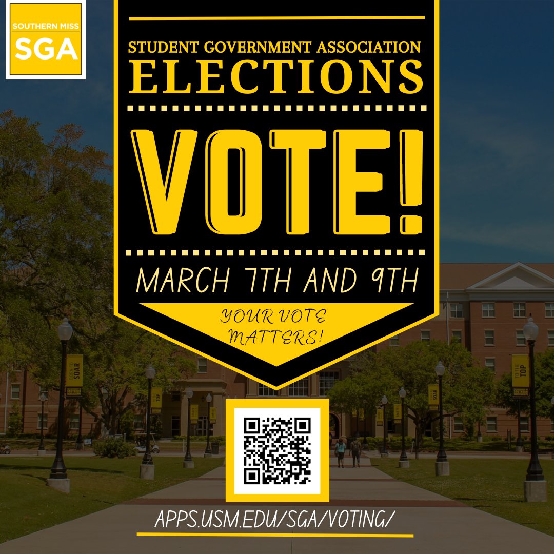 Voting for Executive Officers will begin on Tuesday, March 7th from 7 AM to 7 PM. 

The Student Government Association urges all Southern Miss students to exercise their right by voting tomorrow. If you have any questions, please do not hesitate to contact us. Happy voting!