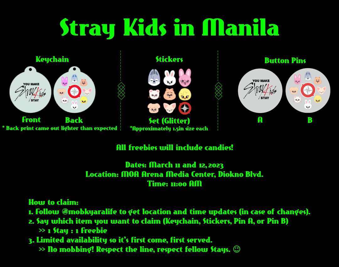 [UPDATE] Sharing a STAYTION 8 table with <a href="/gommaway/">g</a> !

🗓️: Mar 11 (Sat) &amp; 12 (Sun)
📍: MOA Arena Media Center, Diokno Blvd.
🕐: 11:00 AM

Follow for updates, RT to let other Stays know about the location and time!

#MANIAC_IN_MANILA 
#MANIACinMNL 
#SKZinManila2023 
#SKZinMNL2023