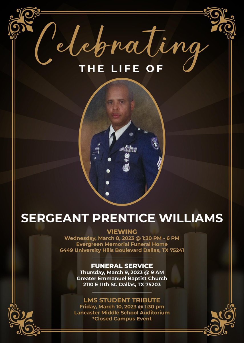 Lancaster ISD is saddened to announce the passing of Sergeant Prentice Williams, our beloved Lancaster Middle School JROTC instructor. Sergeant Williams joined Lancaster ISD in 2014 and served proudly as the JROTC instructor at @ERLancasterMS. He will be truly missed. 🕊🧡