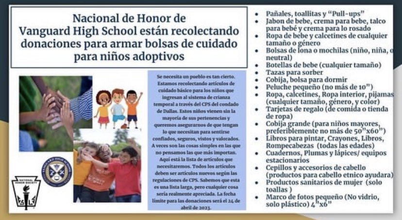 Vanguard_Nhs's tweet photo. NHS Spring Project is making Care Bags for Children entering the Dallas County Foster Care System. NHS will be taking donations through April 24th. They are scheduled to deliver the bags to the Dallas County Child Protective Service office off Stemmons on Saturday, May 6th, 2023. https://t.co/l7VRW1T2hS