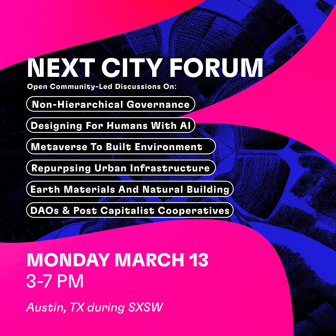 NextCityForum's tweet photo. Interested in the #FutureofCities? 💭

Join us in #AustinTX during #SXSW for a collaborative forum to foster connections while learning more about in-progress efforts and helping to build momentum behind new ideas 💡

Link to RSVP 👉 https://t.co/Ipt9a51NdB 👈 https://t.co/SfOqi720up