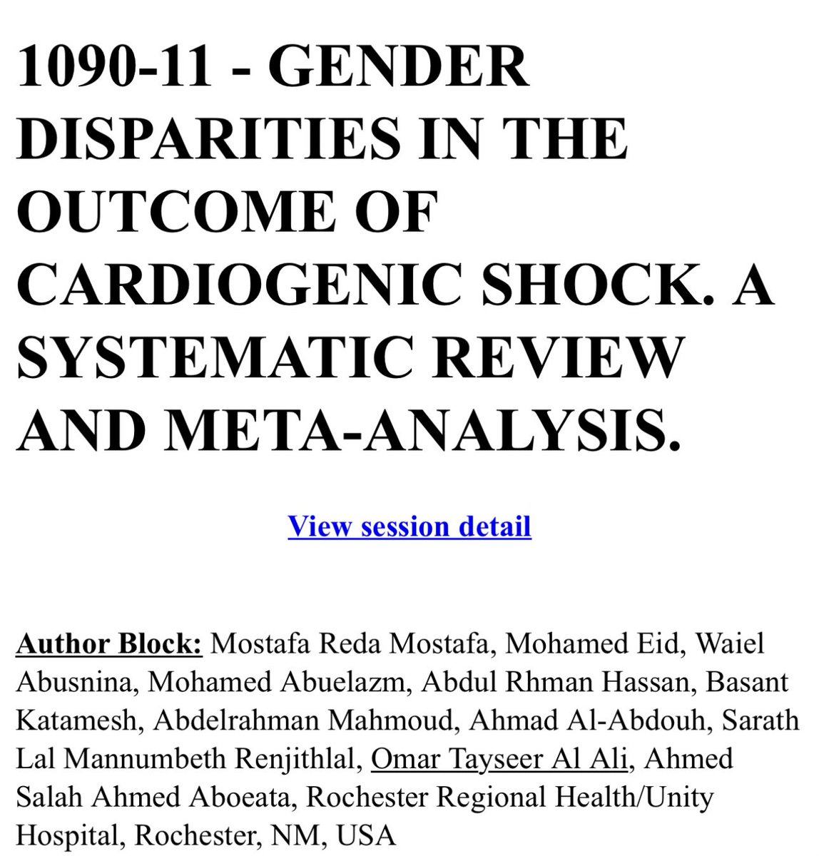 From presentation of our meta-analysis of gender based differences in cardiogenic shock mortality, at ACC 2023 #ACC23 #ACCinTouch #Cardiotwitter #Medtwitter