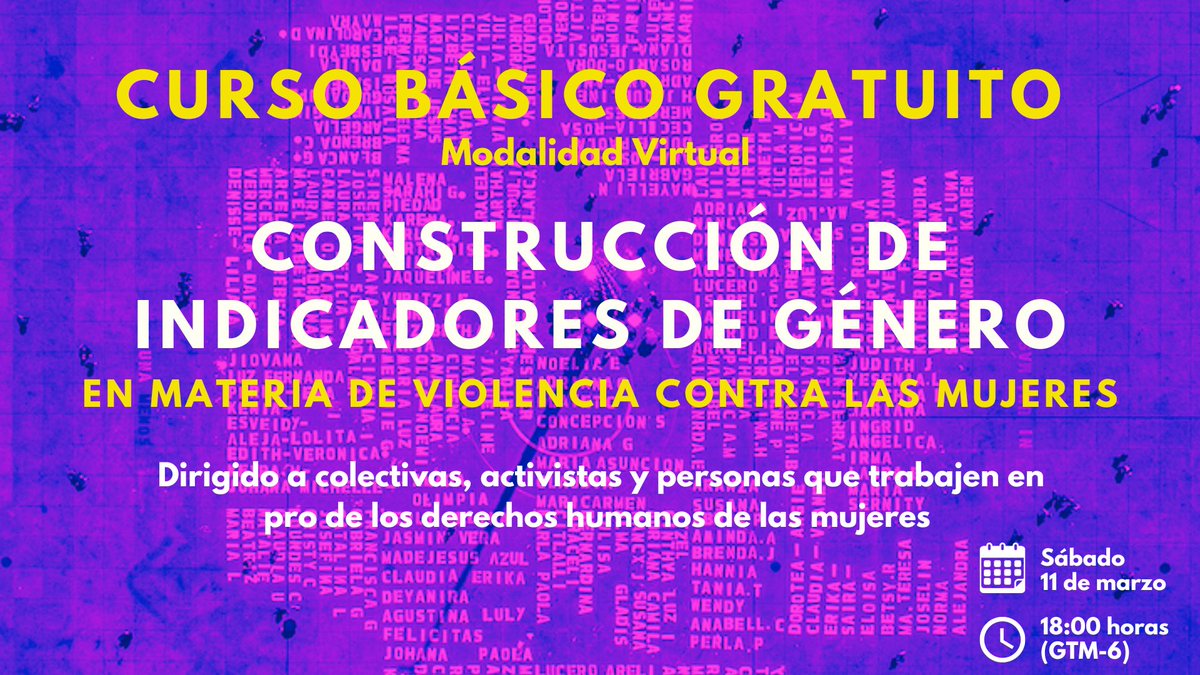 Muchas gracias a todas las personas interesadas en el Curso de Indicadores de Género.

Recibimos cerca de 800 solicitudes y ello nos confirma el interés y necesidad en el tema.

Si no alcanzaste cupo en esta ocasión, te invitamos a estar pendiente de los próximos cursos 💜🔥